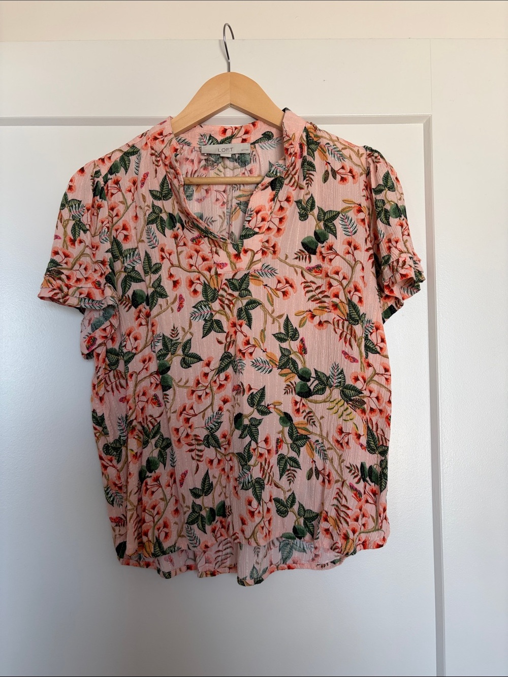 LOFT Pink Floral V-Neck Short Sleeve Blouse
